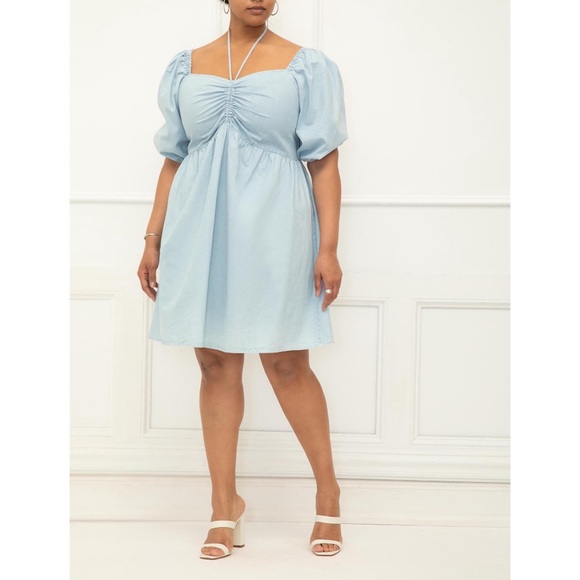ELOQUII Chambray Tie Neck Puff Sleeve Dress Mini Ruched Halter Babydoll - Picture 1 of 10